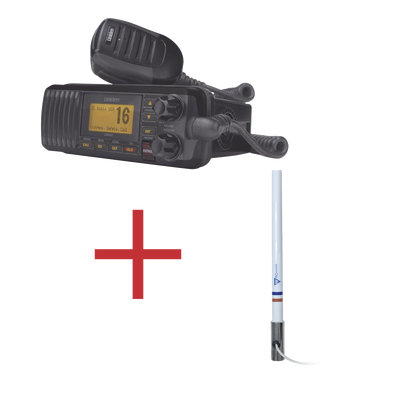 Kit de radio UM385BK | mas antena marina de fibra de vidrio TX-5101SYS/10M fabricada en fibra de vidrio con base roscable de acero inoxidable