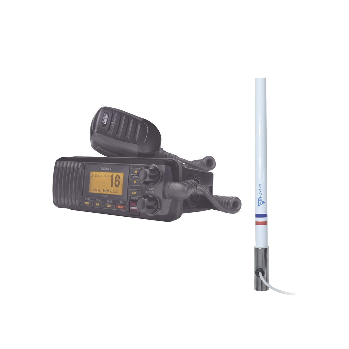 Kit de radio UM385BK | mas antena marina de fibra de vidrio TX-5101SYS/10M fabricada en fibra de vidrio con base roscable de acero inoxidable