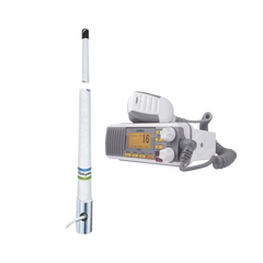 Kit de radio móvil VHF marino modelo UM-385 color blanco y antena marina Shakespeare de fibra de vidrio 5101