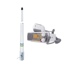 Kit de radio móvil VHF marino modelo UM-385 color blanco y antena marina Shakespeare de fibra de vidrio 5101