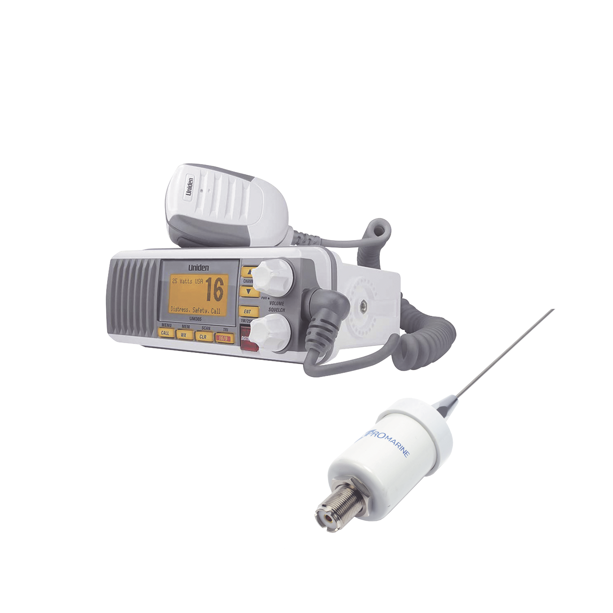 Kit de radio UM385 | mas antena marina de fibra de vidrio TX-1600-SYS