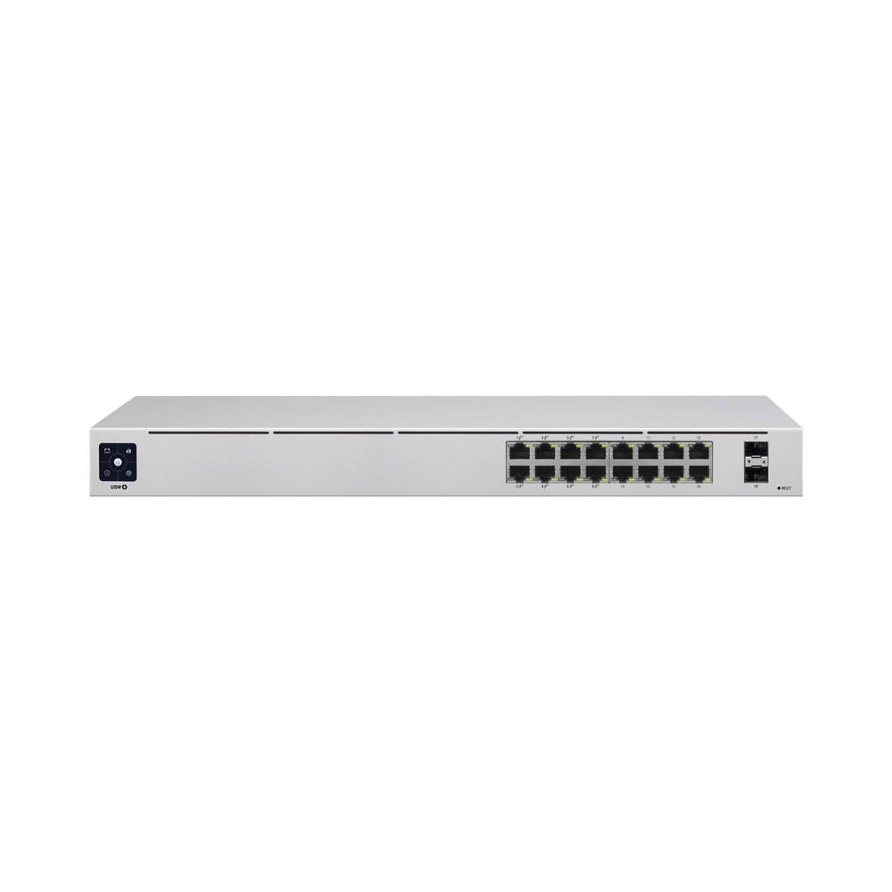 UniFi Switch USW-16-POE Gen2, Capa 2 de 16 puertos (8 puertos PoE 802.3af/at + 8 puertos Gigabit) + 2 puertos 1G SFP, 42W, pantalla informativa