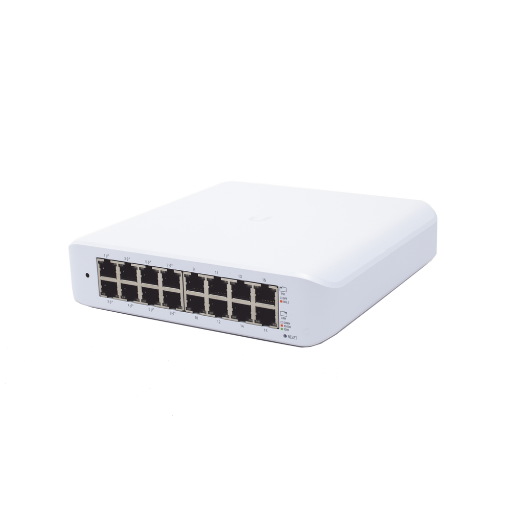 Switch UniFi Lite Administrable PoE de 16 Puertos 10/100/1000 Mbps (8 puertos 802.3af/at), 45 W