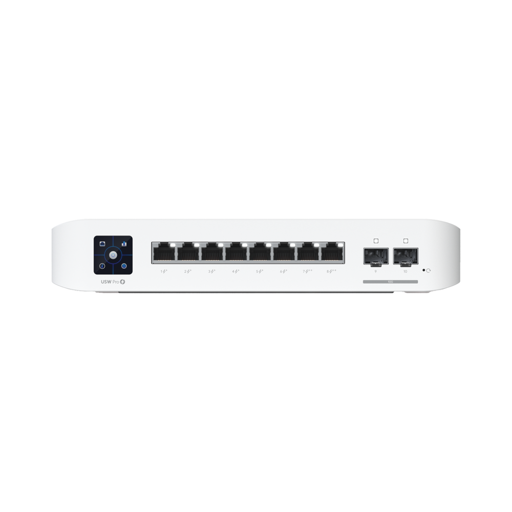 Switch UniFi Pro 8 PoE Administrable Capa 3, 8 puertos GbE / (6) puertos POE+ af/at y (2) puertos POE++ 802.3bt / (2) puertos SFP+ 10G / 120W de presupuesto POE