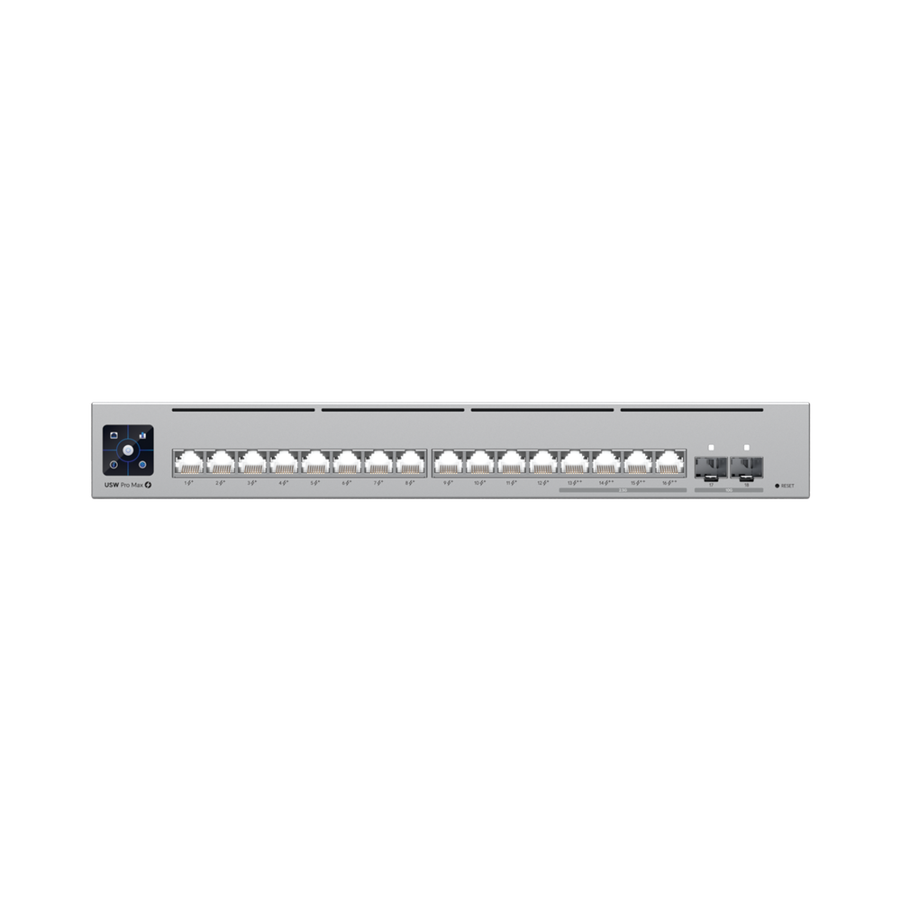 UniFi Switch Pro Max 16 PoE con funciones Capa 3, 16 puertos EtherLight RGB / (4) puertos 2.5 GbE POE++ y (12) puertos GbE POE+ /(2) puertos SFP+ 10G /con pantalla táctil informativa, hasta 180W de presupuesto POE