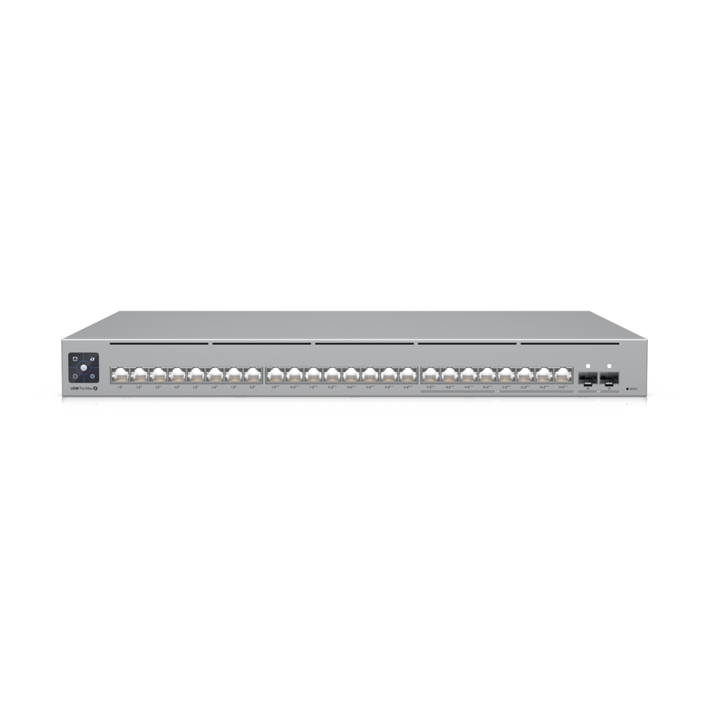 UniFi Switch Pro Max 24 POE, 24 puertos (8 puertos POE++ 2.5 GbE y 16 puertos GbE POE+), 2 puertos SFP+ 10G, 400W, pantalla táctil