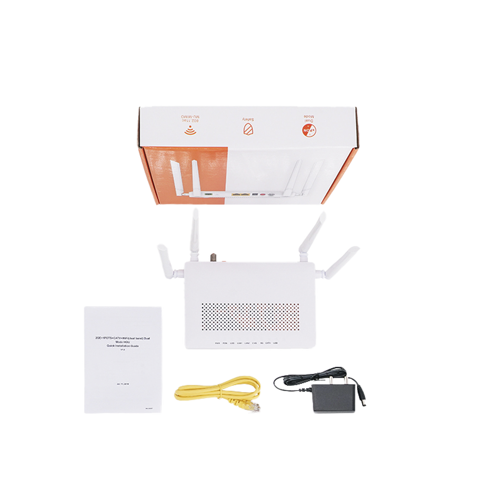 ONU Dual GPON/EPON / Wi-Fi Doble Banda 2.4 y 5 GHz / Soporta MESH / 2 Puertos Gigabit / 1 Puerto PON SC/APC / 1 puerto CATV / Hasta 1200 Mbps vía Wi-Fi