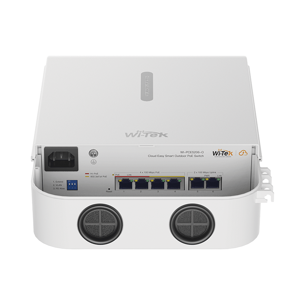 Switch PoE para exterior / Administración en la nube / Con 4 puertos 10/100 Mbsp PoE af/at / 2 Puertos Uplink 10/100 MBPS /  Presupuesto 60 W / PoE hasta 250 metros / Soporta protocolo ONVIF