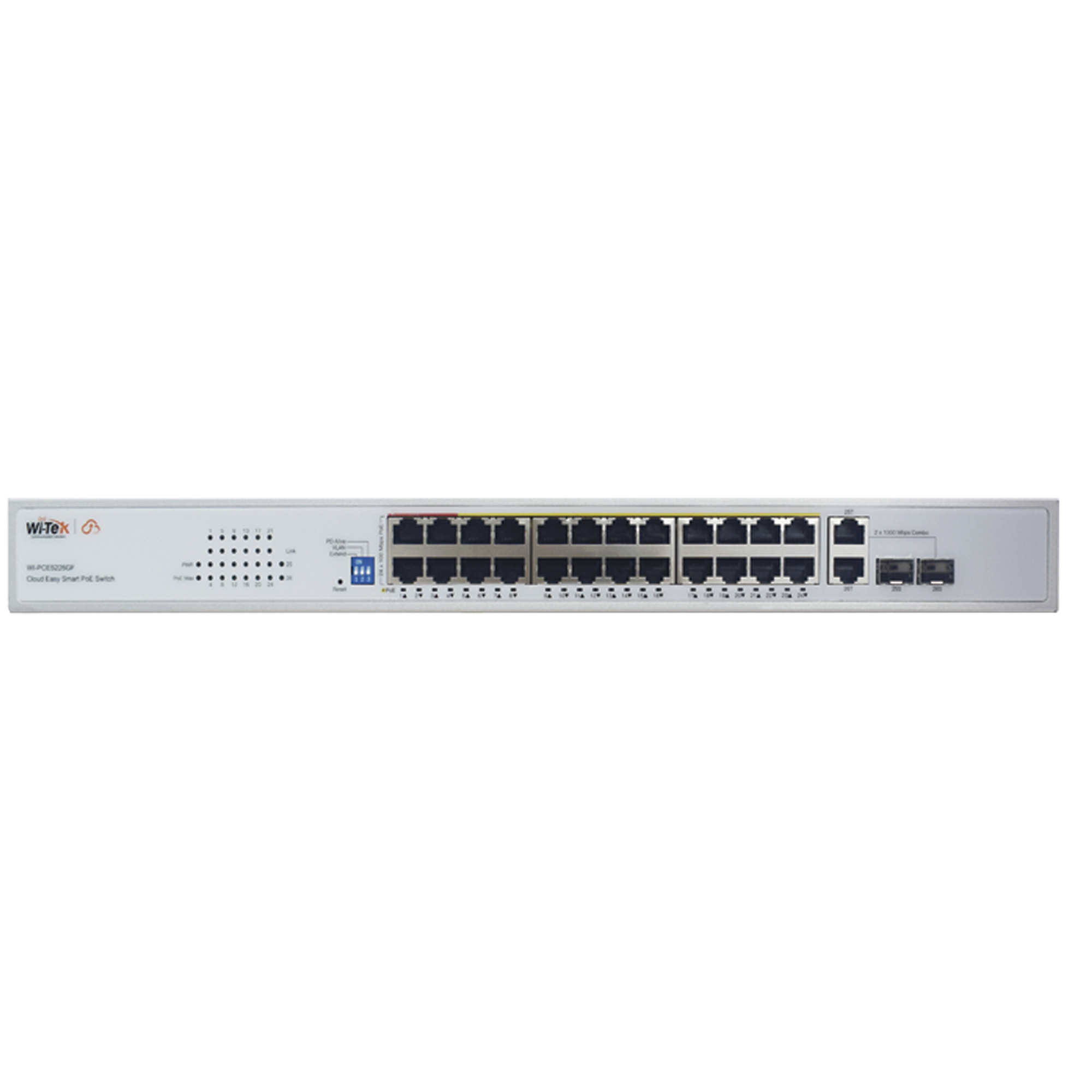 Switch PoE (802.3af/at/bt) / No administrable de largo alcance / Hasta 250m / Con 24 x 10/100Mbps + 2 x SFP Gigabit Combo / 250 W
