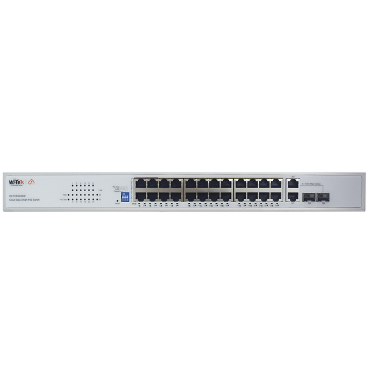 Switch PoE (802.3af/at/bt) / No administrable de largo alcance / Hasta 250m / Con 24 x 10/100Mbps + 2 x SFP Gigabit Combo / 250 W