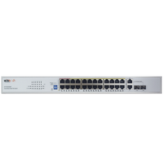 Switch PoE (802.3af/at/bt) / No administrable de largo alcance / Hasta 250m / Con 24 x 10/100Mbps + 2 x SFP Gigabit Combo / 250 W