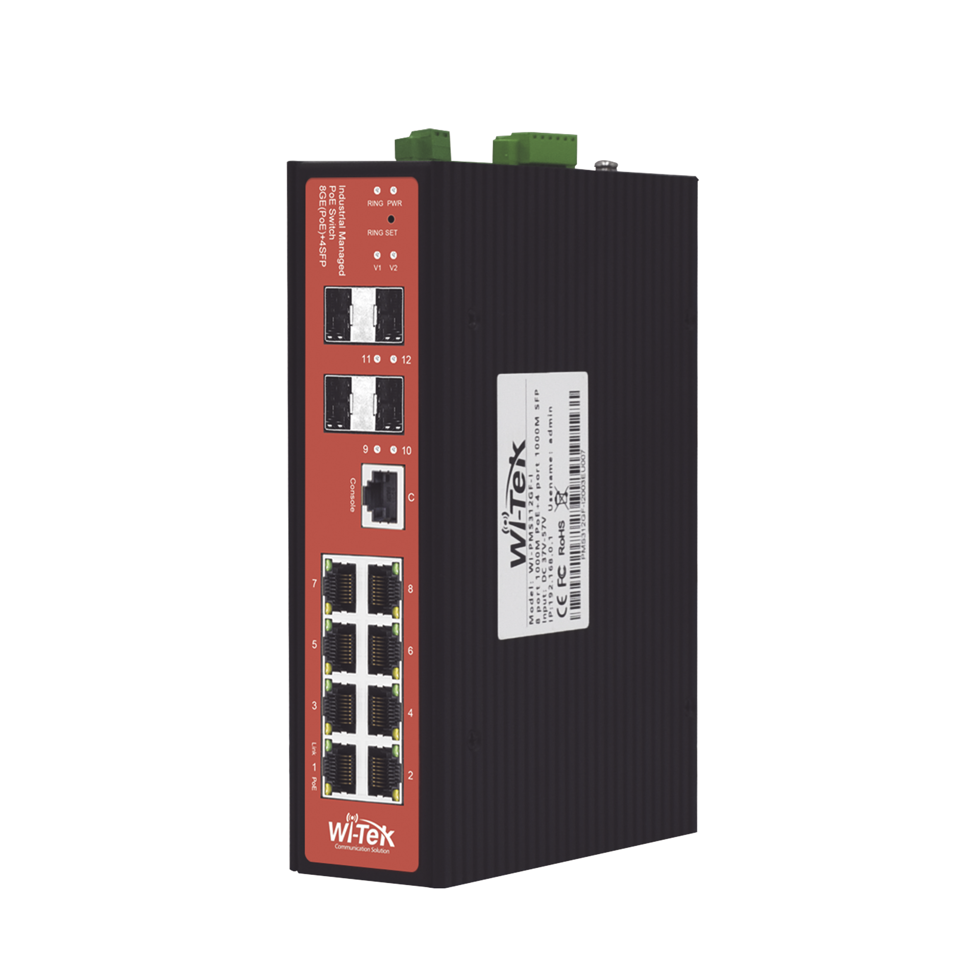 Switch Industrial administrable PoE, puerto 1-2 PoE 24/48. puertos 3-8 puertos 802.3 af/at/bt, hasta 60 W