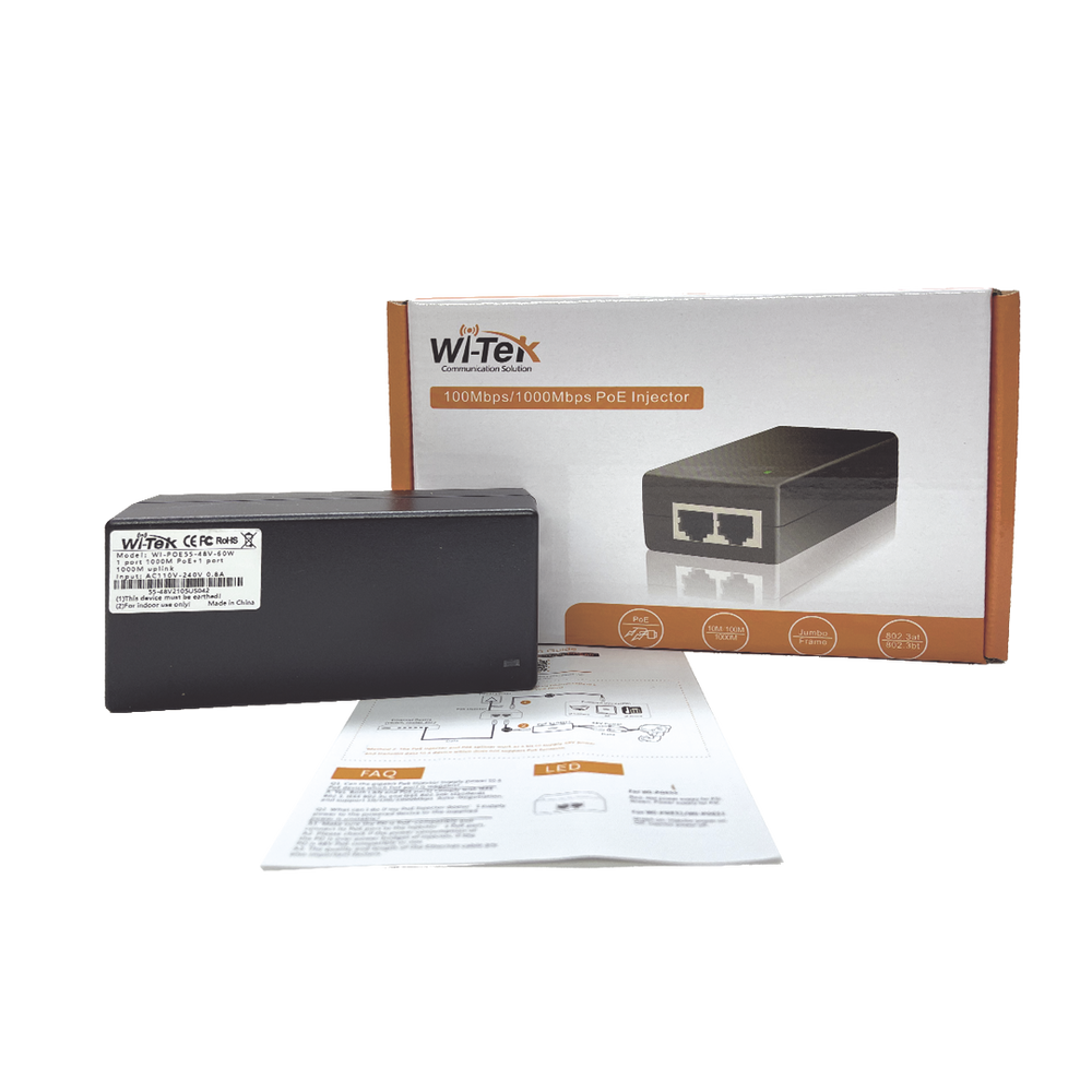 Inyector Hi-PoE 60 W Gigabit / Alimenta Equipos PoE 802.3 af Hasta 15W - PoE at Hasta 30W - PoE bt Hasta 60W / Instalación Para Interior / Alcance de Hasta 100 metros / Plug and Play / No se Necesita Configurar