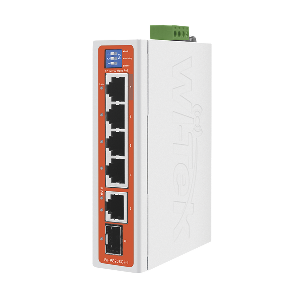 Switch Industrial / 4 Puertos 10/100 Mbps con PoE 802.3af/at / 2 Puertos Uplink Gigabit (1 Rj45 - 1 SFP) / PoE Hasta 250 m