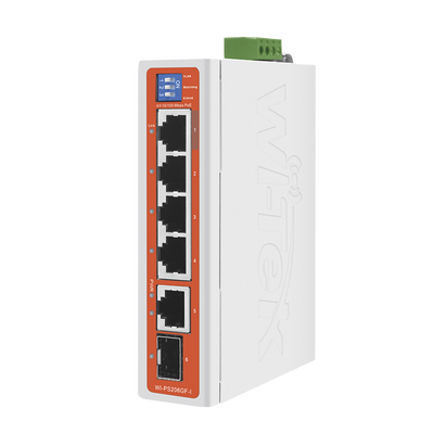 Switch Industrial / 4 Puertos 10/100 Mbps con PoE 802.3af/at / 2 Puertos Uplink Gigabit (1 Rj45 - 1 SFP) / PoE Hasta 250 m