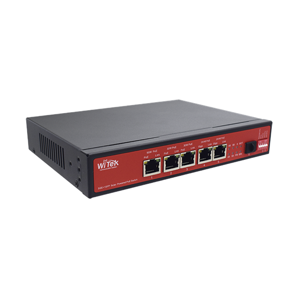 Controlador Solar de 15A con Switch PoE /  1 Puertos Gigabit PoE 802.3 bt / 2 Puertos PoE 802.3 af/at / 2 Puertos PoE Pasivo 24/48 Vcc / 1 Puerto SFP / No administrable