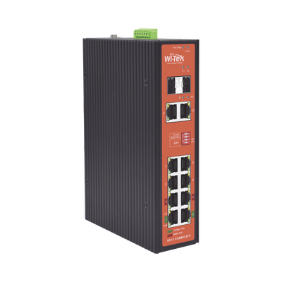 Switch PoE Industrial No administrable / Puertos 1-2 PoE 802.3 af/at y PoE 24 Vcc Pasivo 30W / Puertos 3-4 PoE 802.3 af/at/bt Hasta 60W / Puertos 5-8 PoE 802.3 af/at Hasta 30W / Los 8 puertos son Gigabit + 2 SFP combo / Presupuesto 300W
