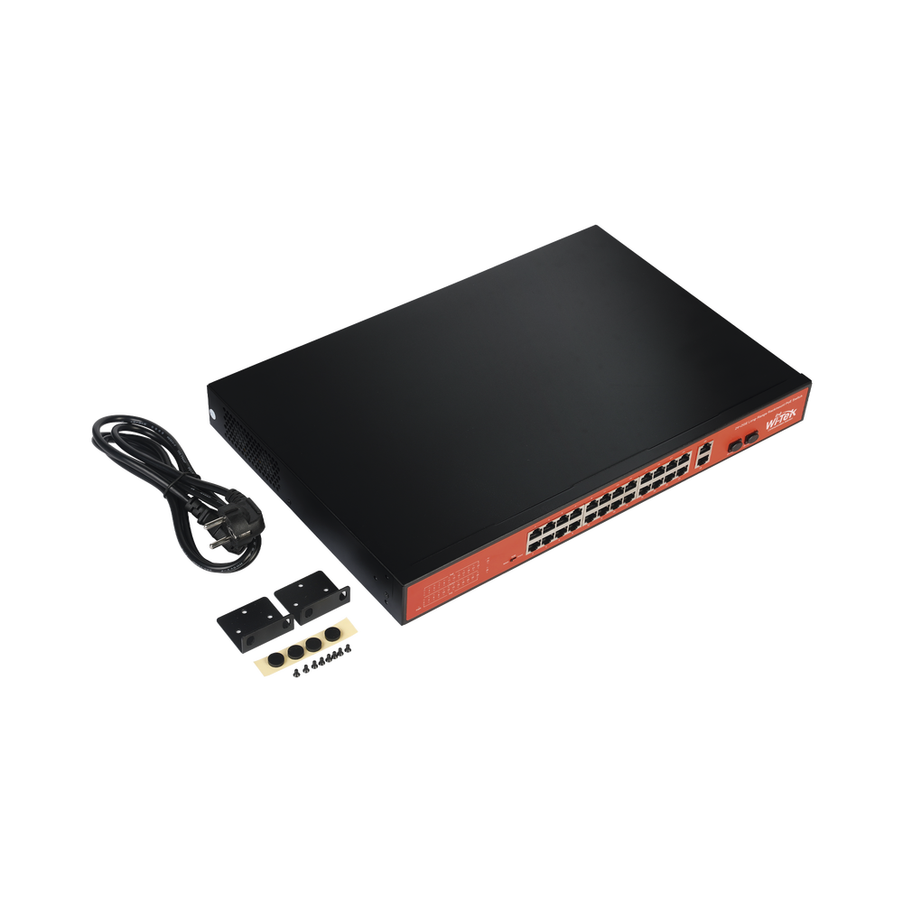 Switch PoE (802.3af/at/bt) / No administrable de largo alcance / Hasta 250m / Con 24 x 10/100Mbps + 2 x SFP Gigabit Combo / 250 W