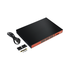 Switch PoE (802.3af/at/bt) / No administrable de largo alcance / Hasta 250m / Con 24 x 10/100Mbps + 2 x SFP Gigabit Combo / 250 W