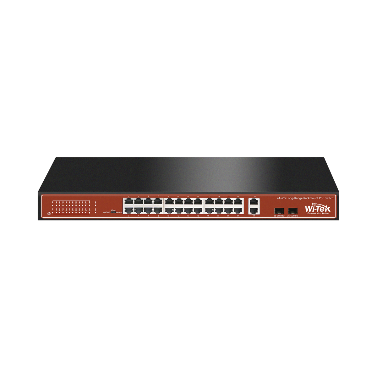 Switch PoE (802.3af/at/bt) / No administrable de largo alcance / Hasta 250m / Con 24 x 10/100Mbps + 2 x SFP Gigabit Combo / 250 W