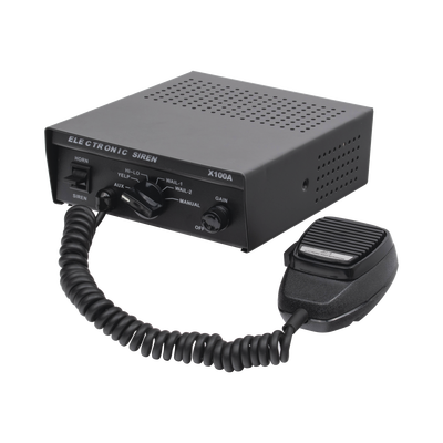 Sirena Vehicular de 100W de Potencia, Con Switch Giratorio de 6 posiciones y Micrófono Integrado de Uso Rudo