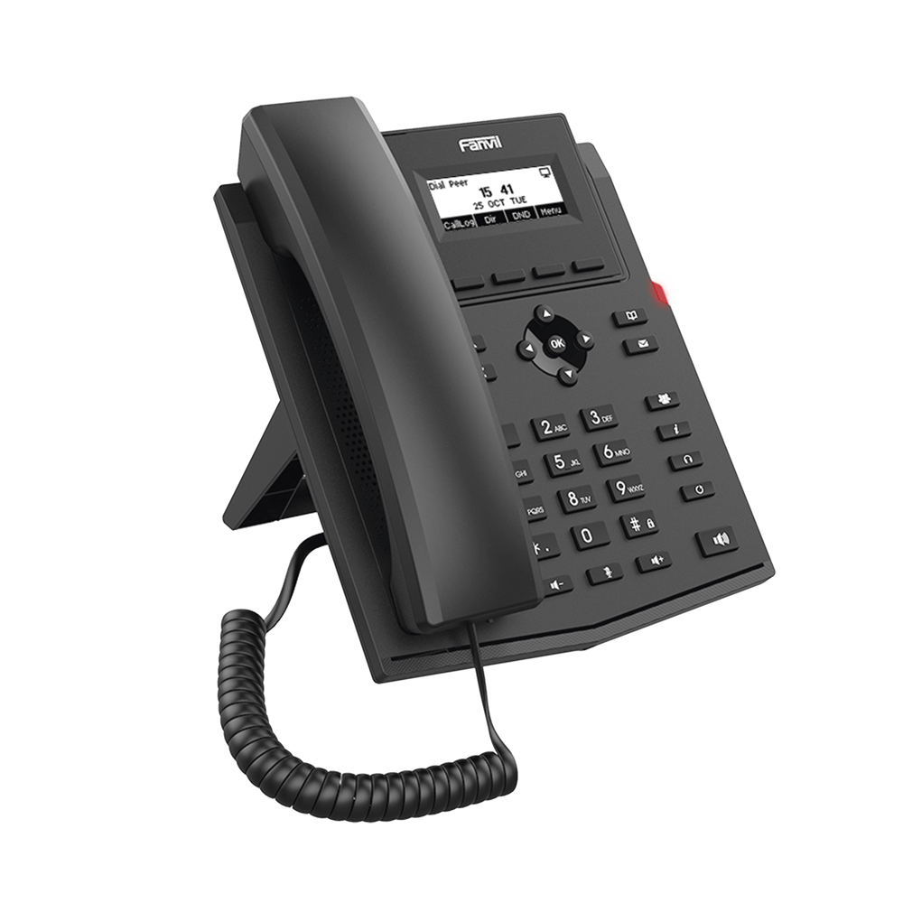 Teléfono IP empresarial para 2 lineas SIP con pantalla LCD,  Puertos Gigabit, Códec Opus, conferencia de 6 vías, PoE.