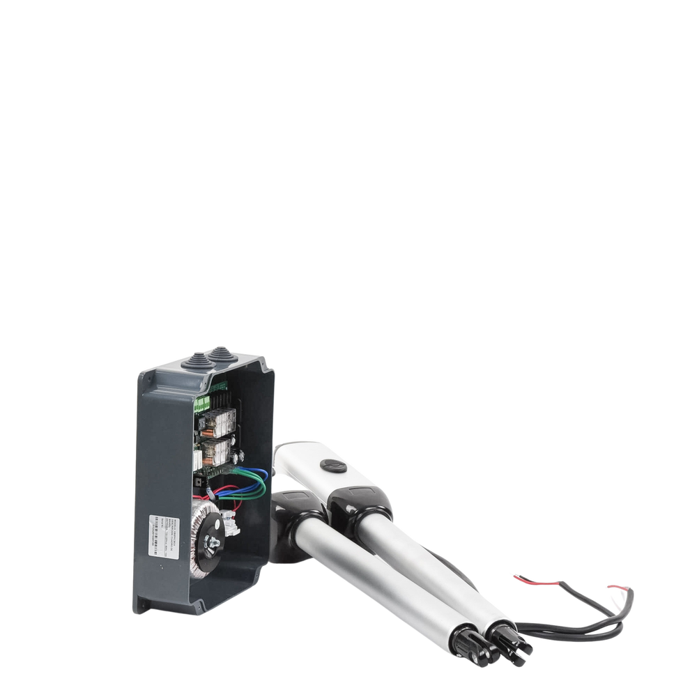 Kit de brazos para automatizar portones vehiculares abatibles de 2 hojas/ 3 Mts / 300 Kg / Uso solo residencial / Compatible con respaldo de energía