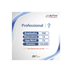 LICENCIA PROFESSIONAL BIOTIME CLOUD 2.0  / 100 USUARIOS / 15 DISPOSITIVOS (Licencia Anual)