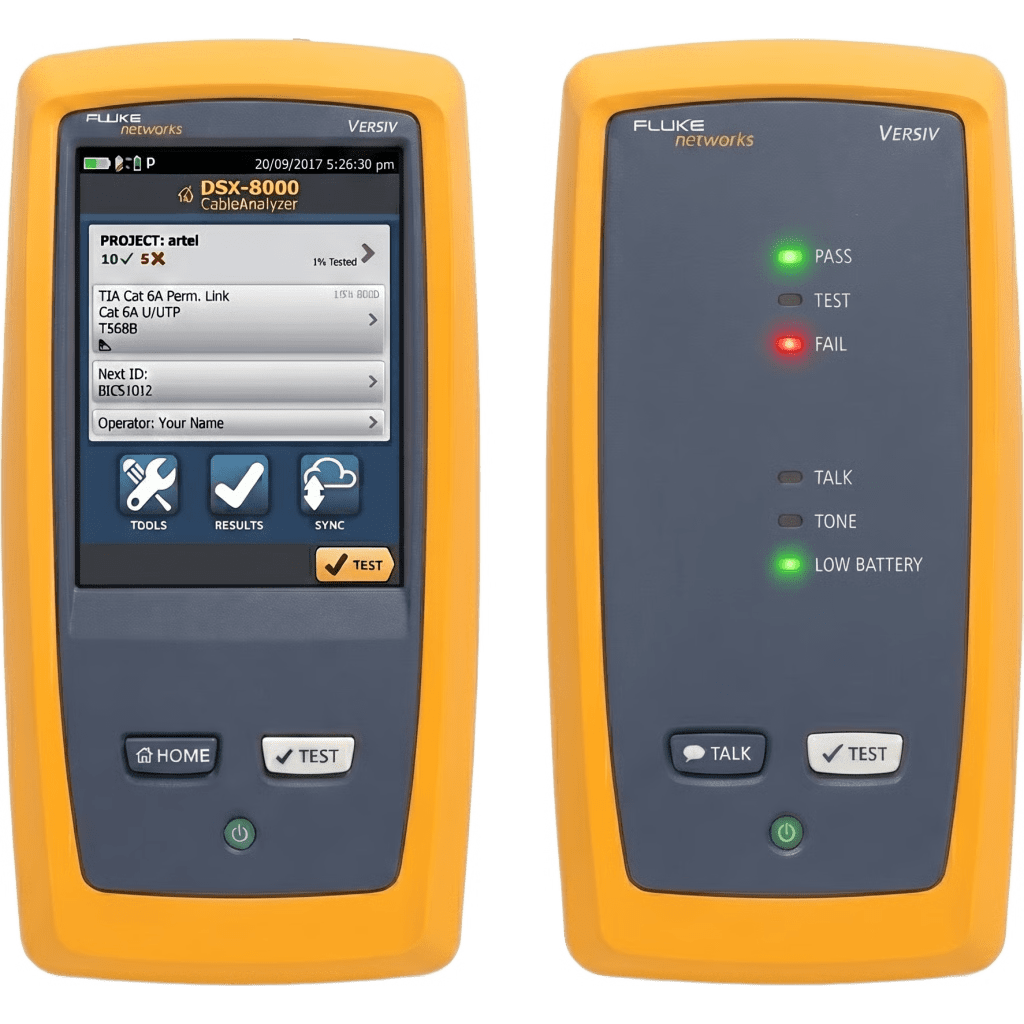 Certificador DSX-8000 para Cable de Cobre Cat5e, Cat6, Cat6A y Cat8, Con Módulos OLTS Quad CertiFiber Pro, Con WiFi Integrado y Pantalla LCD de 5.7 Pulgadas (14.48 cm), Versión Internacional