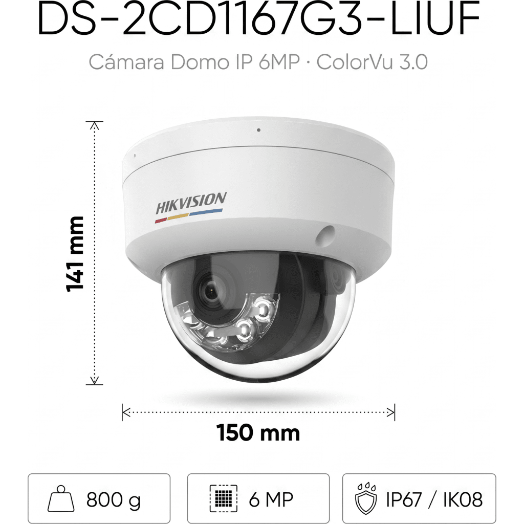 [ColorVu 3.0 + MD 3.0] Domo IP 6 Megapixel / Lente 2.8 mm / 30 mts IR + 30 mts Luz Blanca / Micrófono Integrado / Motion Detection 3.0 / Exterior IP67 / IK08 / dWDR / PoE / Micro SD