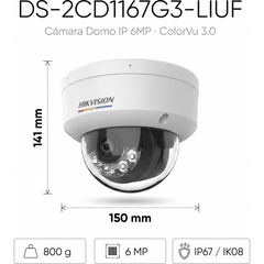[ColorVu 3.0 + MD 3.0] Domo IP 6 Megapixel / Lente 2.8 mm / 30 mts IR + 30 mts Luz Blanca / Micrófono Integrado / Motion Detection 3.0 / Exterior IP67 / IK08 / dWDR / PoE / Micro SD