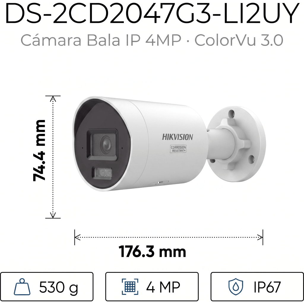 [Dual Light + ColorVu 3.0 + HikAI] Bala IP 4 Megapixel / Lente 2.8 mm / 40 mts IR + Luz Blanca / 2 Microfonos Integrados / Exterior IP67 / WDR 130 dB / ACUSENSE 3.0 / Metal / NEMA 4X / ACUSEEK