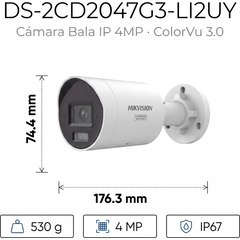 [Dual Light + ColorVu 3.0 + HikAI] Bala IP 4 Megapixel / Lente 2.8 mm / 40 mts IR + Luz Blanca / 2 Microfonos Integrados / Exterior IP67 / WDR 130 dB / ACUSENSE 3.0 / Metal / NEMA 4X / ACUSEEK