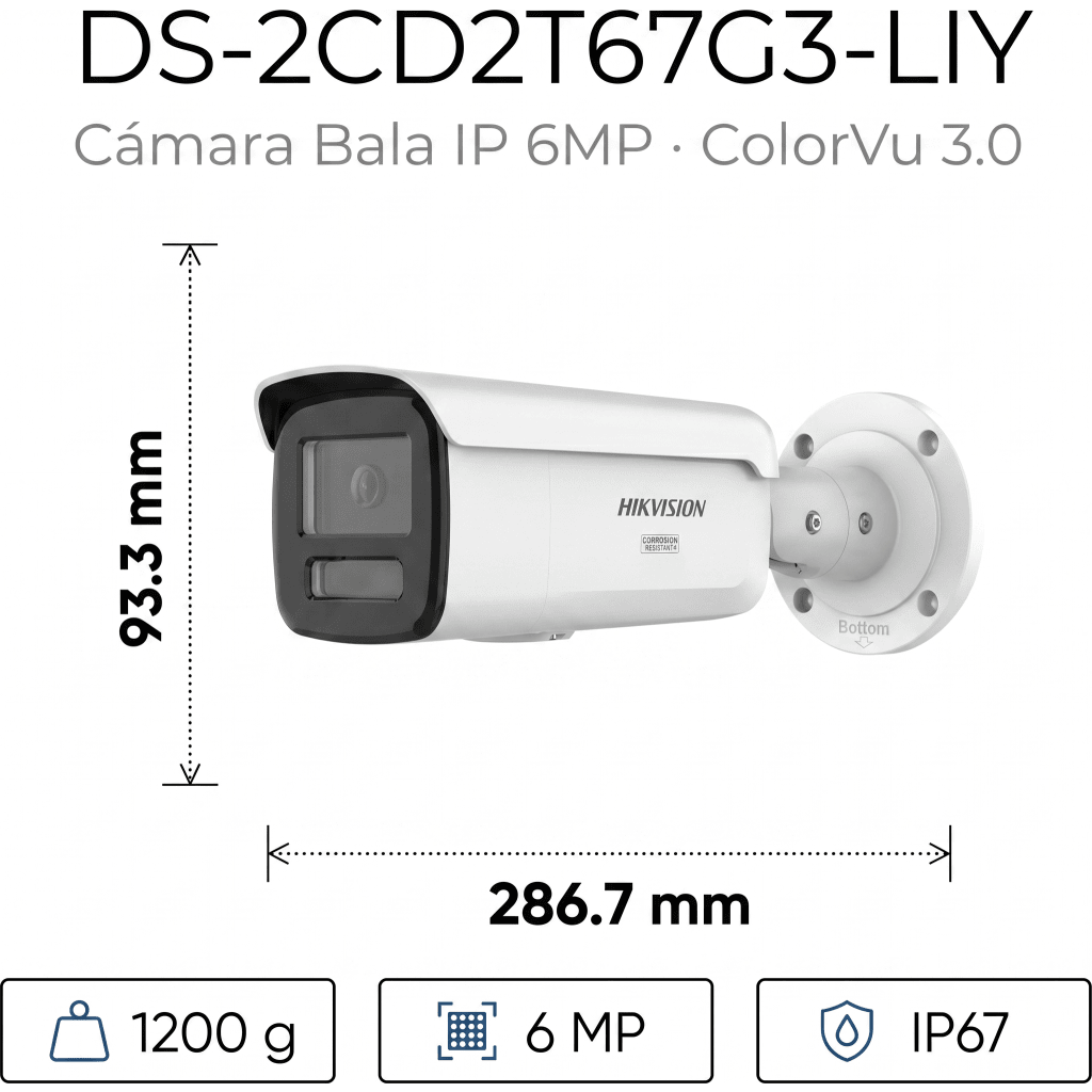 [Dual Light + ColorVu 3.0 + HikAI] Bala IP 6 Megapixel / Lente 4 mm / 60 mts IR + Luz Blanca / Exterior IP67 / WDR 130 dB / ACUSENSE 3.0 / Metal / NEMA 4X / ACUSEEK
