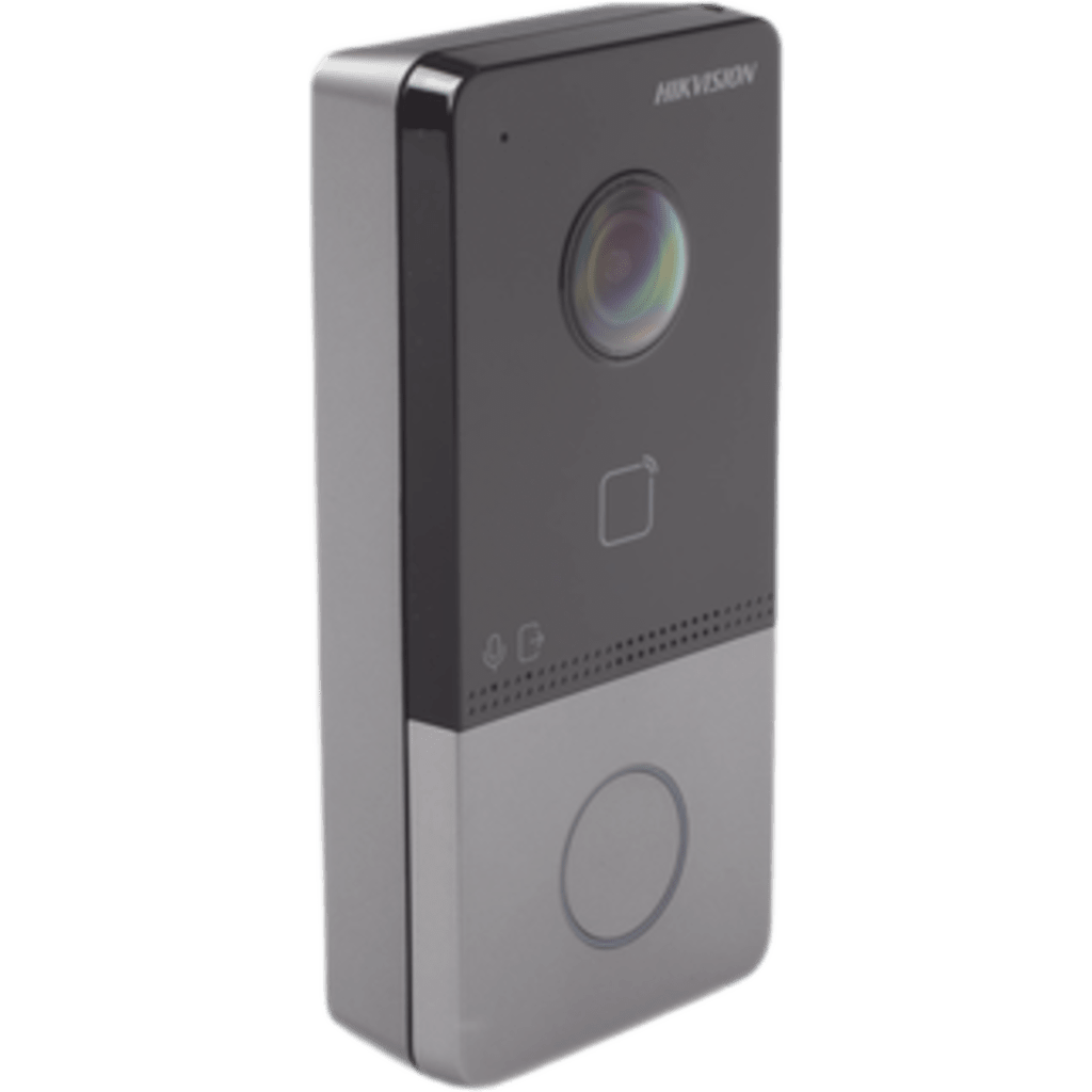 Kit de Videoportero IP + Switch PoE Estándar con llamada a App de Smartphone (HikConnect) / Apertura con tarjeta MIFARE / Frente de calle IP65 / Soporta 1 Departamento