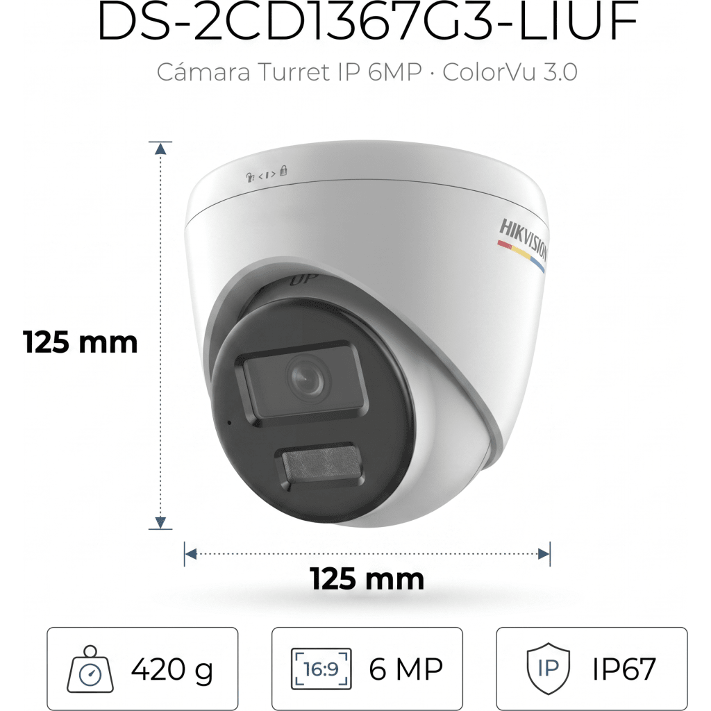 [ColorVu 3.0 + MD 3.0]  Turret IP 6 Megapixel / Lente 2.8 mm / 30 mts IR + 30 mts Luz Blanca / Micrófono Integrado / ACUSENSE Lite / Exterior IP67 / WDR 120 dB / PoE / Micro SD