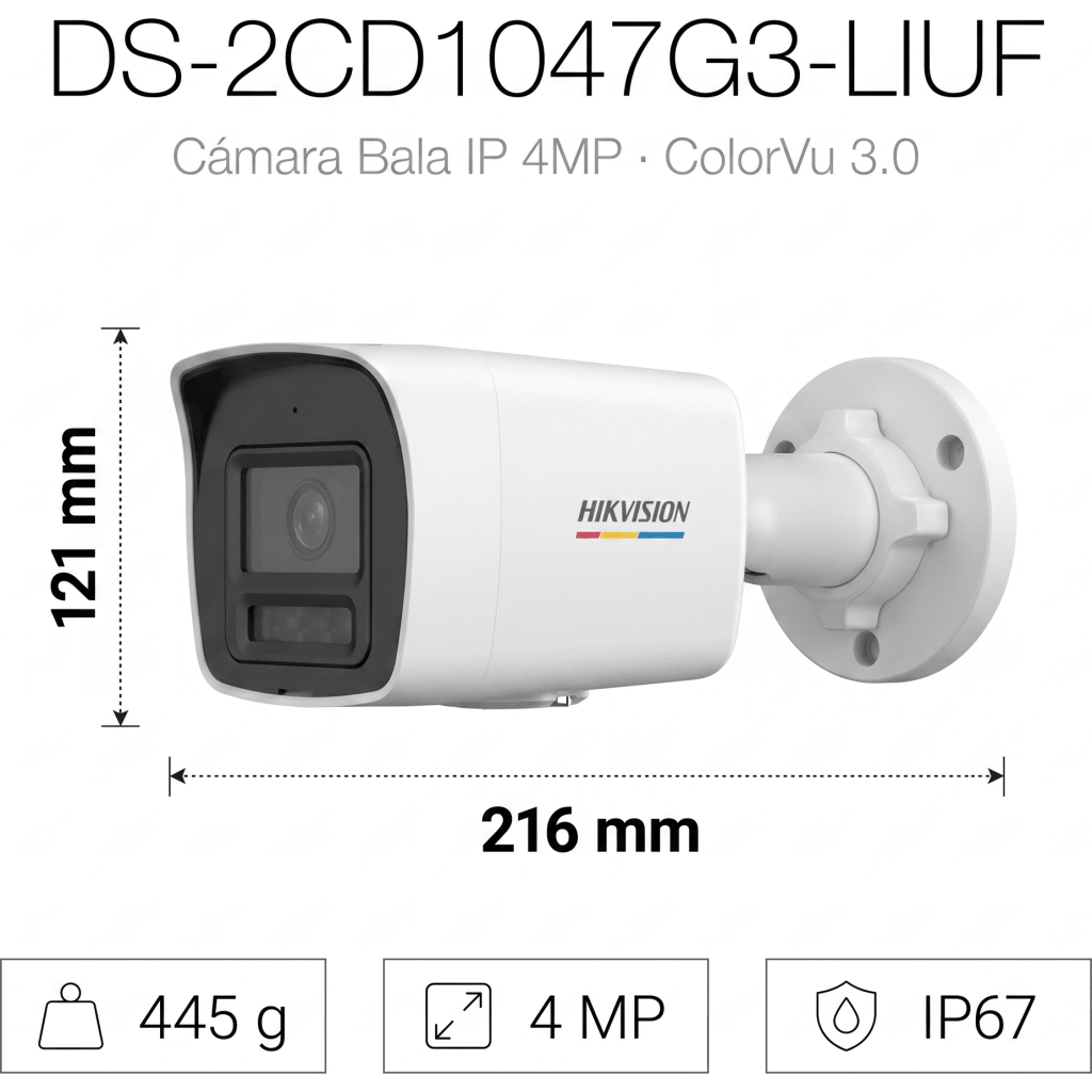 [ColorVu 3.0 + MD 3.0] Bala IP 4 Megapixel / Lente 2.8 mm / Dual Light (30 mts IR + 30 mts Luz Blanca) / Micrófono Integrado / Detección de Movimiento 3.0 / Exterior IP67 / WDR / PoE / Micro SD