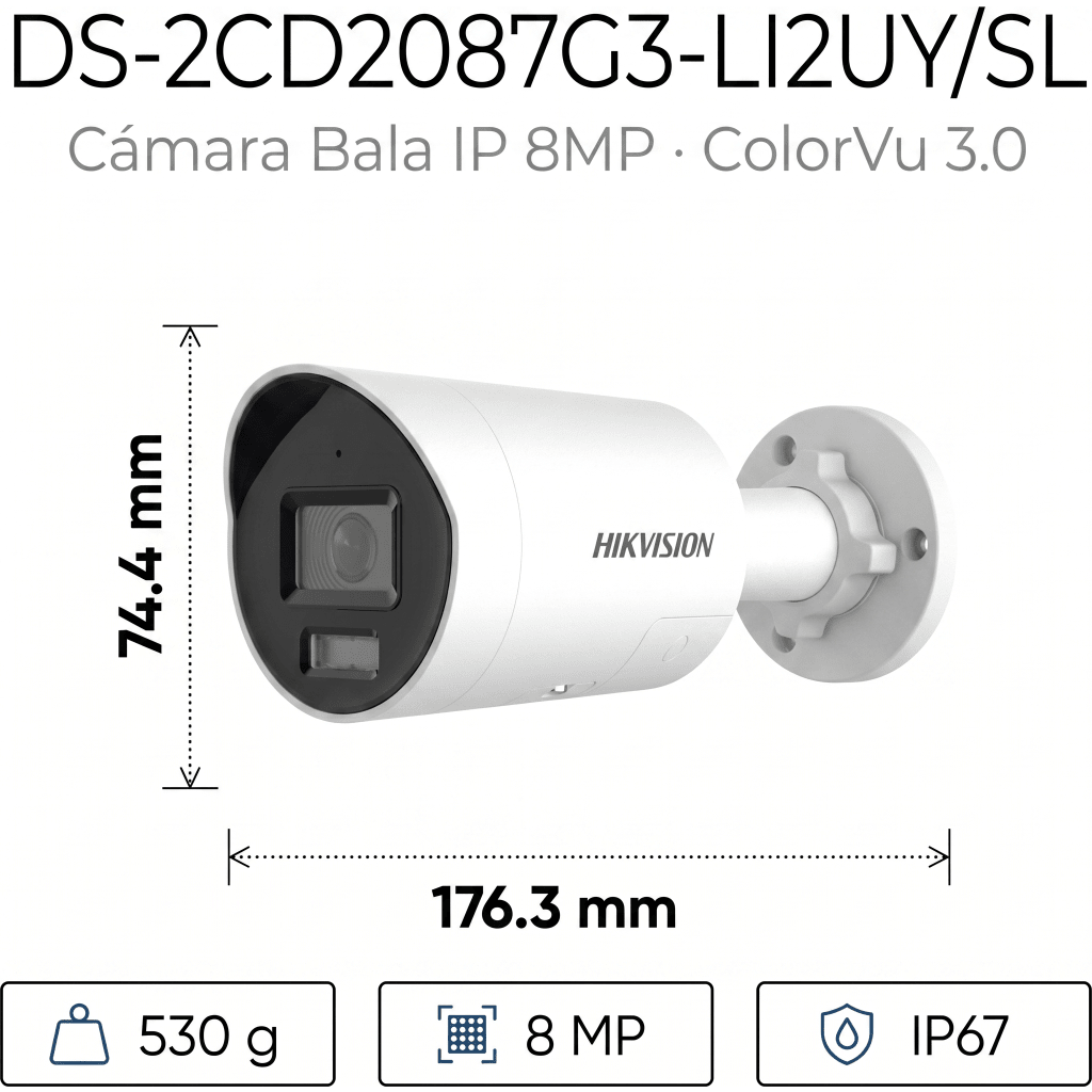 [Dual Light + ColorVu 3.0 + HikAI] Bala IP 8 Megapixel / Lente 2.8 mm / 40 mts IR + Luz Blanca / 2 Microfonos Integrados / Exterior IP67 / Estrobo Luz Blanca / WDR 130 dB / ACUSENSE 3.0 / Metal / NEMA 4X / ACUSEEK