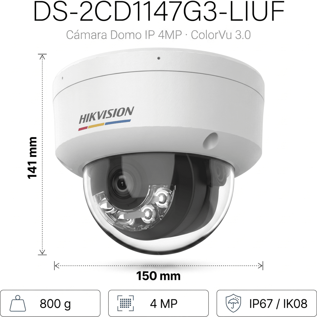 [ColorVu 3.0 + MD 3.0] Domo IP 4 Megapixel / Lente 2.8 mm / 30 mts IR + 30 mts Luz Blanca / Micrófono Integrado / Motion Detection 3.0 / Exterior IP67 / IK08 / WDR 120 dB / PoE / Micro SD