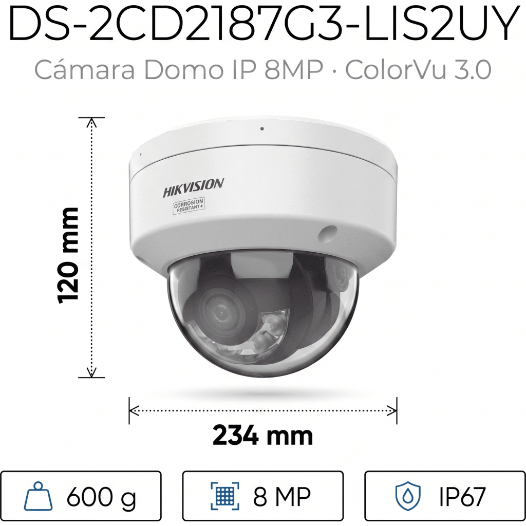 [Dual Light + ColorVu 3.0 + HikAI] Domo IP 8 Megapixel / Lente 2.8 mm / 30 mts IR + Luz Blanca / 2 Microfonos Integrados / Exterior IP67 / WDR 130 dB / ACUSENSE 3.0 / Metal / NEMA 4X / ACUSEEK