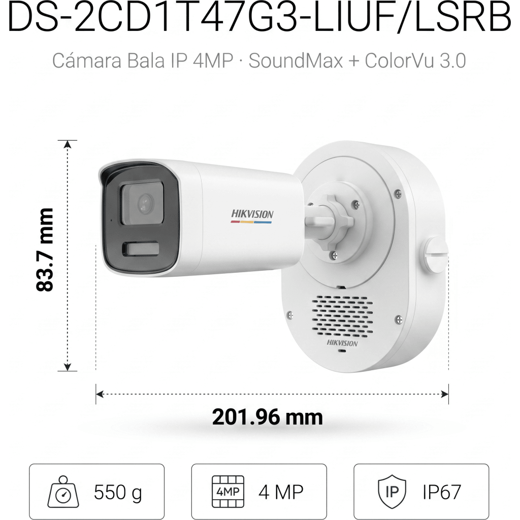 [SoundMax + ColorVu 3.0 + MD 3.0] Bala IP 4 Megapixel / Lente 4 mm / 50 mts IR + 50 mts Luz Blanca / Micrófono Integrado / ACUSENSE Lite / Exterior IP67 / WDR 120 dB / PoE / Micro SD