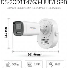 [SoundMax + ColorVu 3.0 + MD 3.0] Bala IP 4 Megapixel / Lente 4 mm / 50 mts IR + 50 mts Luz Blanca / Micrófono Integrado / ACUSENSE Lite / Exterior IP67 / WDR 120 dB / PoE / Micro SD
