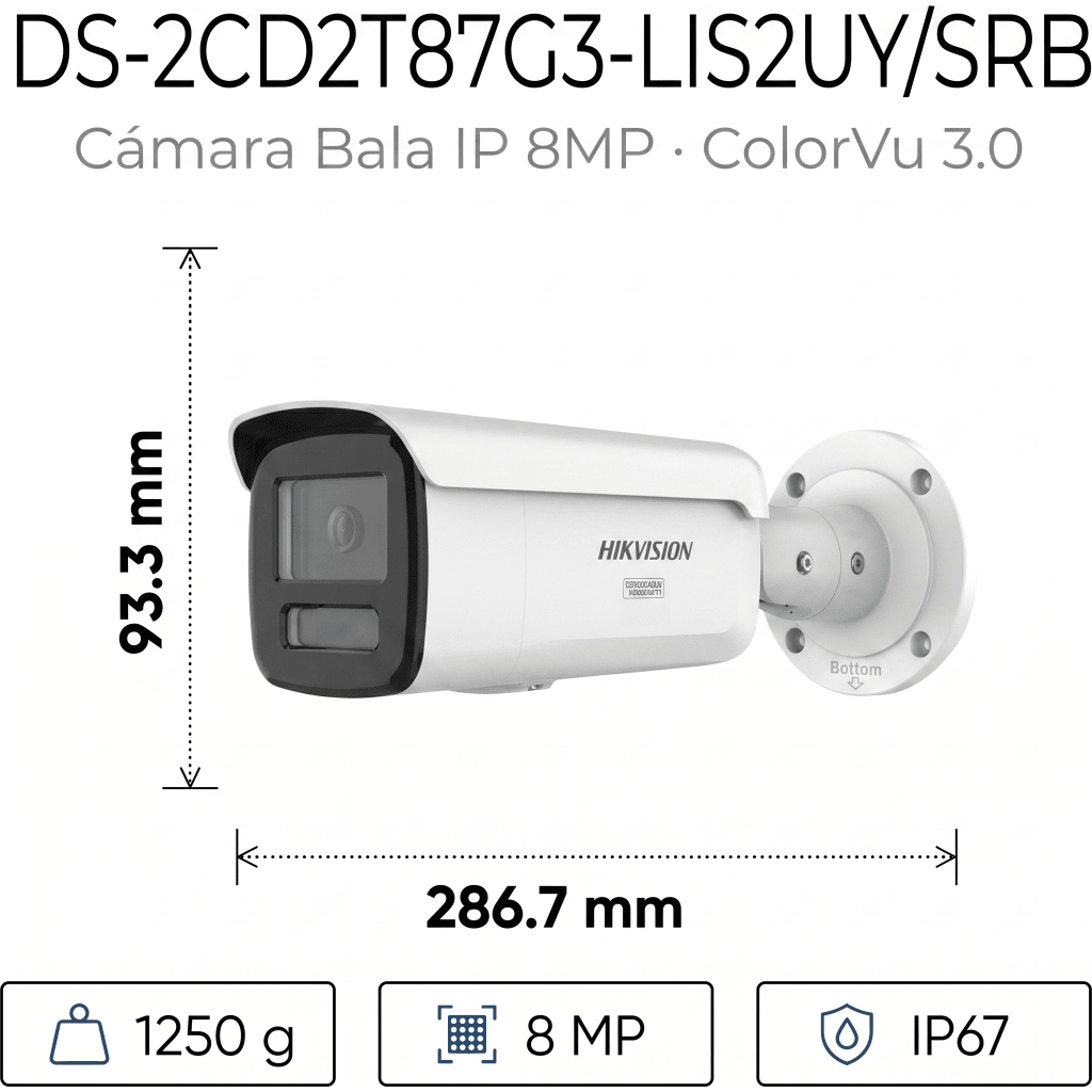 [Dual Light + ColorVu 3.0 + HikAI] Bala IP 8 Megapixel / Lente 4 mm / 60 mts IR + Luz Blanca / Exterior IP67 / Estrobo Azul y Rojo / WDR 130 dB / ACUSENSE 3.0 / Metal / NEMA 4X / ACUSEEK