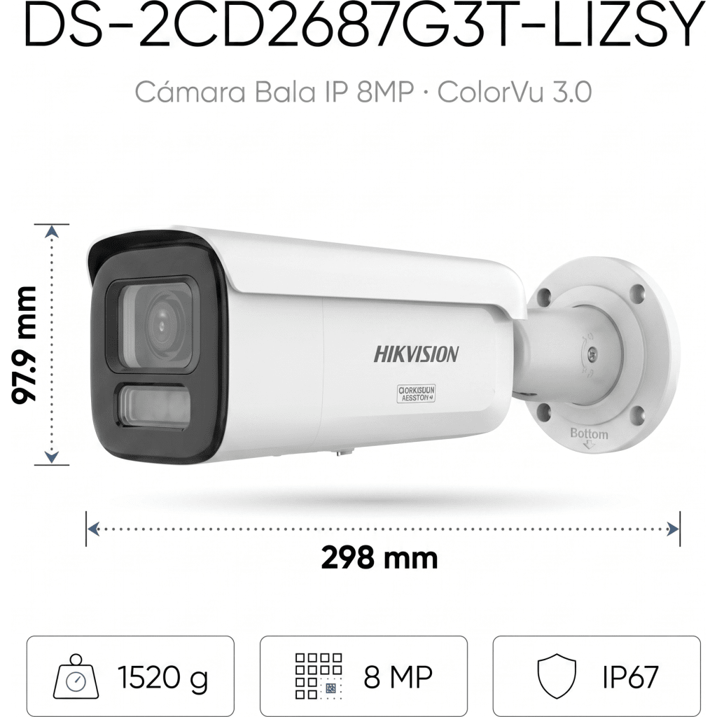[Dual Light + ColorVu 3.0 + HikAI] Bala IP 8 Megapixel / Lente Mot. 2.8 a 12 mm / 60 mts IR + Luz Blanca / Exterior IP67 / WDR 130 dB / ACUSENSE 3.0 / Metal / NEMA 4X / ACUSEEK