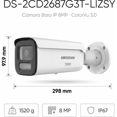 [Dual Light + ColorVu 3.0 + HikAI] Bala IP 8 Megapixel / Lente Mot. 2.8 a 12 mm / 60 mts IR + Luz Blanca / Exterior IP67 / WDR 130 dB / ACUSENSE 3.0 / Metal / NEMA 4X / ACUSEEK