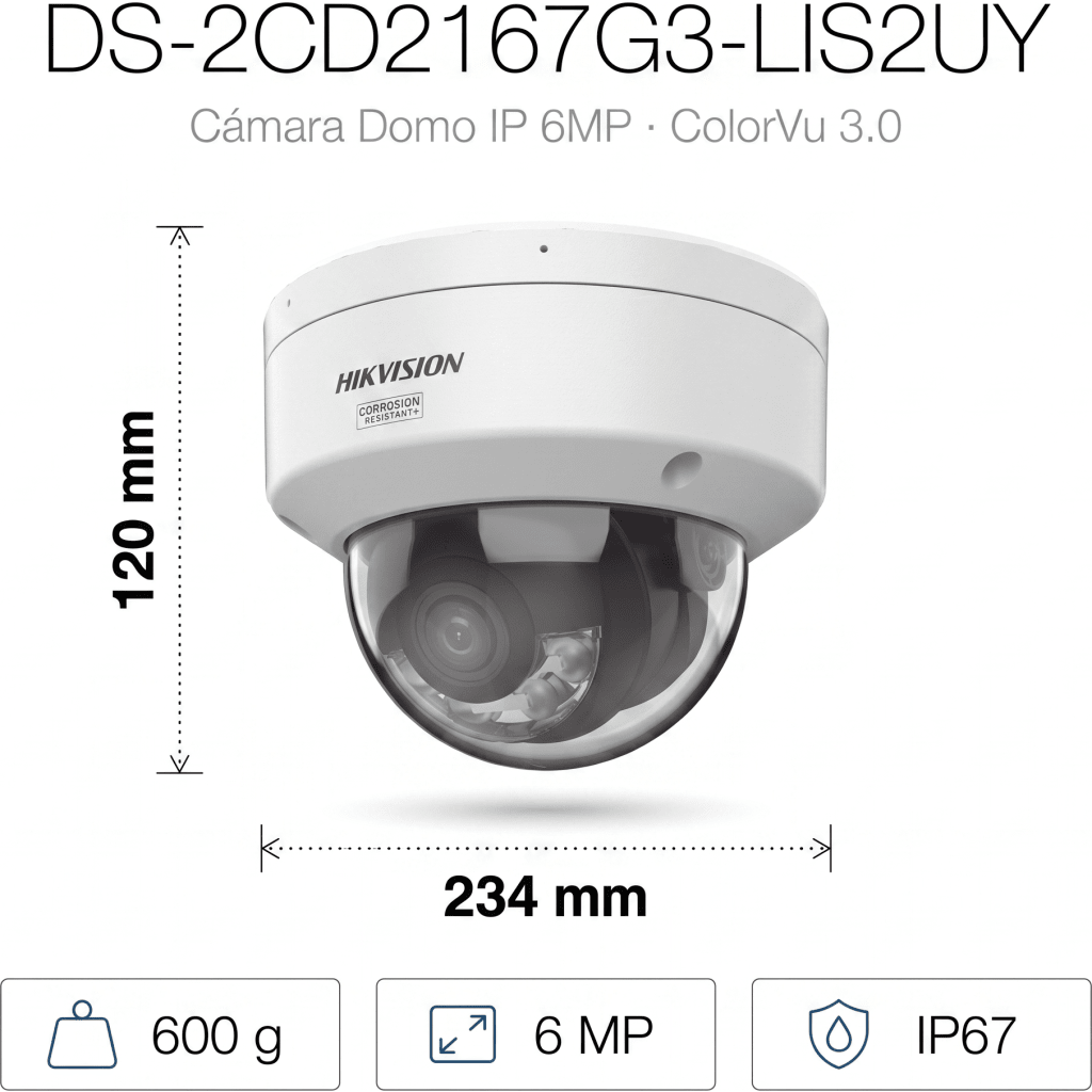 [Dual Light + ColorVu 3.0 + HikAI] Domo IP 6 Megapixel / Lente 2.8 mm / 30 mts IR + Luz Blanca / 2 Microfonos Integrados / Exterior IP67 / WDR 130 dB / ACUSENSE 3.0 / Metal / NEMA 4X / ACUSEEK