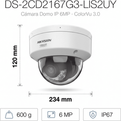 [Dual Light + ColorVu 3.0 + HikAI] Domo IP 6 Megapixel / Lente 2.8 mm / 30 mts IR + Luz Blanca / 2 Microfonos Integrados / Exterior IP67 / WDR 130 dB / ACUSENSE 3.0 / Metal / NEMA 4X / ACUSEEK