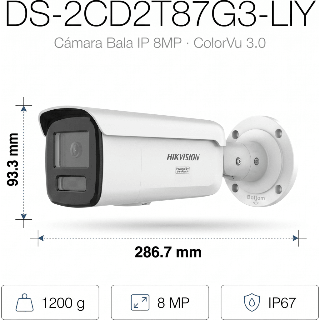 [Dual Light + ColorVu 3.0 + HikAI] Bala IP 8 Megapixel / Lente 4 mm / 60 mts IR + Luz Blanca / Exterior IP67 / WDR 130 dB / ACUSENSE 3.0 / Metal / NEMA 4X / ACUSEEK