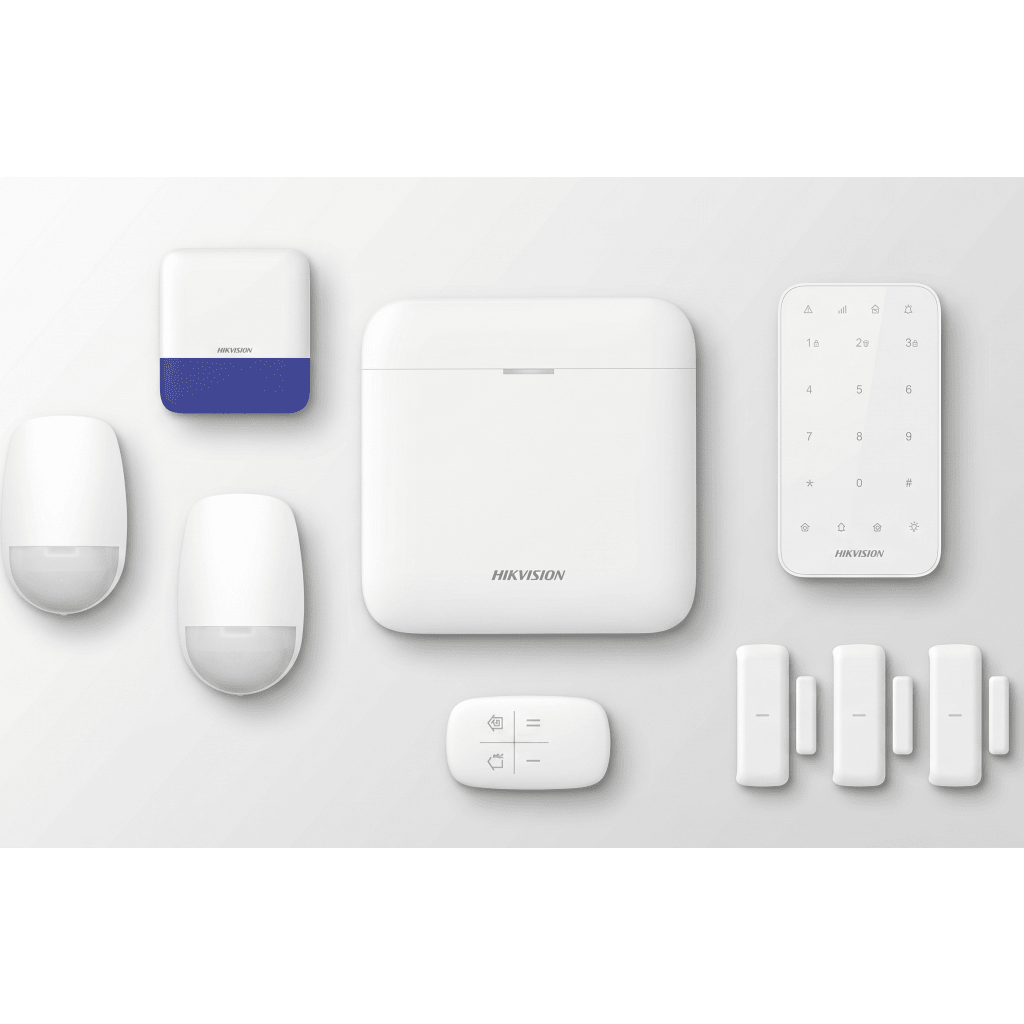 (AX PRO) KIT de Alarma AX PRO / Incluye: 1 Hub con batería de respaldo/ 2 Sensores PIR / 3 Contactos Magnéticos mini / 1 Control Remoto / 1 Sirena Inalambrica Exterior /1 Teclado Inalámbrico / WiFi / Compatible con Hik-Connect P2P