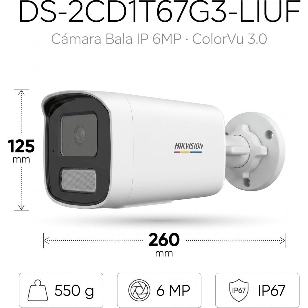[ColorVu 3.0 + MD 3.0] Bala IP 6 Megapixel / Lente 4 mm / 50 mts IR + 50 mts Luz Blanca / Micrófono Integrado / Motion Detection 3.0 / Exterior IP67 / WDR 120 dB / PoE / Micro SD